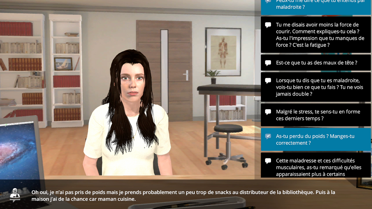 Photo du simulateur numérique Culture du doute 2 l Module 2 représentant la jeune femme atteinte d'un trouble d'origine neurologique durant l'examen clinique