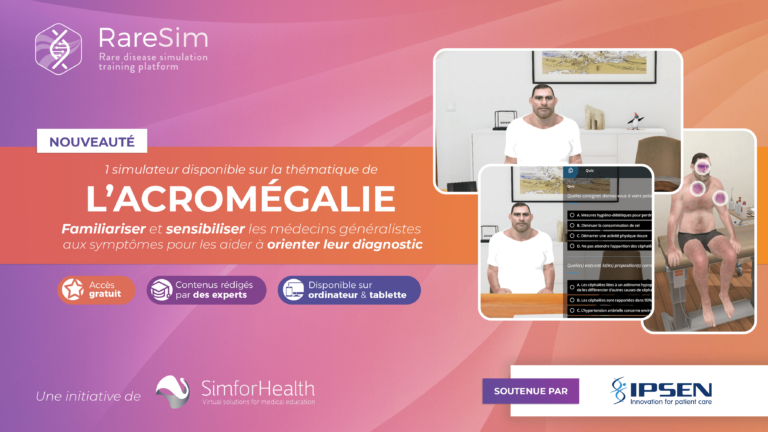 Visuel annonçant la sortie du simulateur sur la thématique de l'Acromégalie avec le soutien d'Ipsen